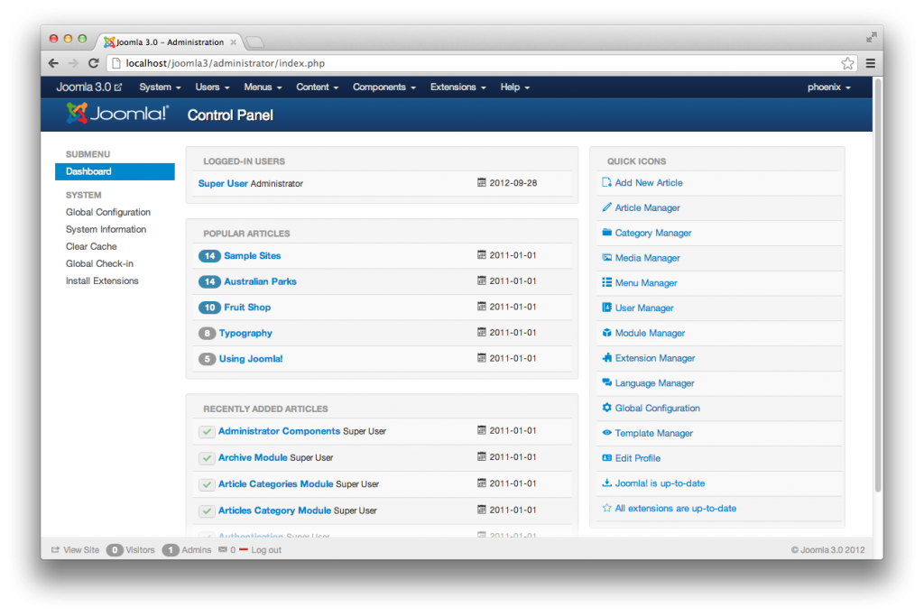 Joomla 3 管理后台信息面板